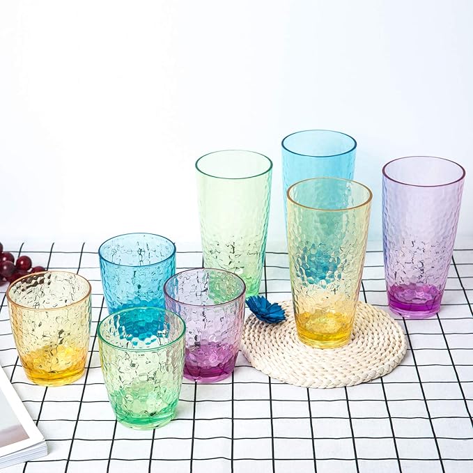 KOXIN-KARLU Hammered 15-ounce and 26-ounce Plastic Tumbler Acrylic Glasses, set of 8 Multicolor