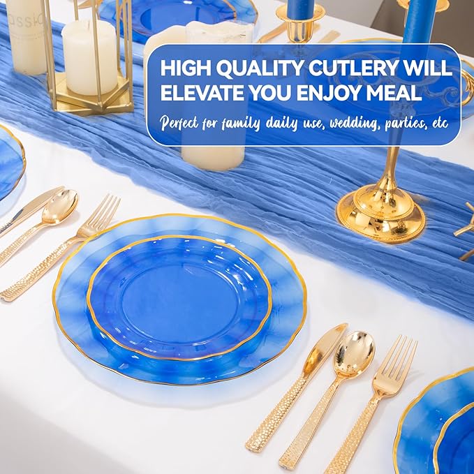 supernal 60pcs Blue Plastic Plates,Fancy Scalloped Plates Disposable Heavy Duty, Decorative Plate Wedding Disposable Dinnerware Include 30 Dessert & Dinner Plastic Plate for Party and Birthday