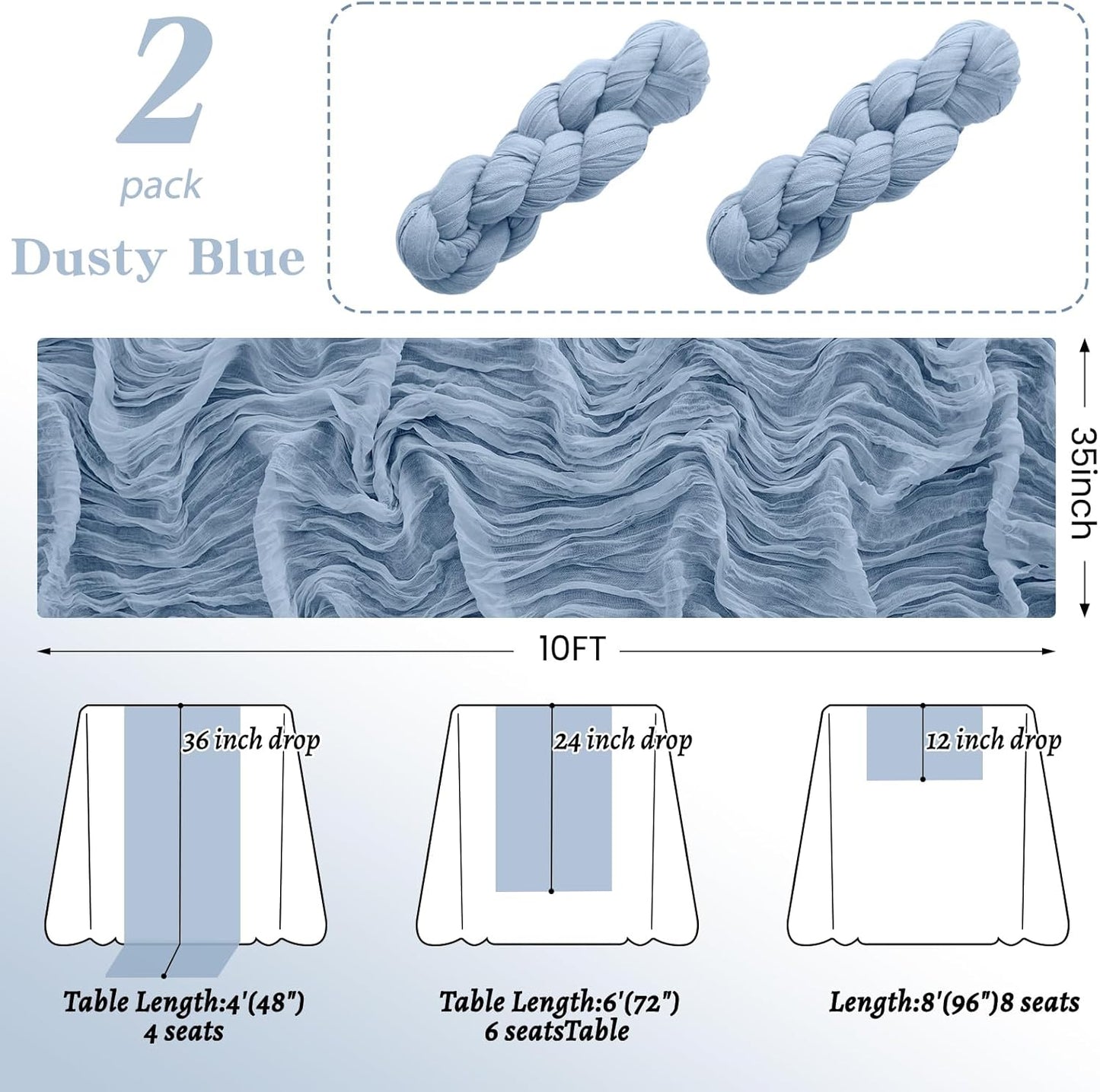 2Pack Dusty Blue Table Runner 10FT Cheese Cloth Table Runner 35x120Inch Long Boho Table Runners Rustic Gauze Table Runners for Party Wedding Bridal Shower Baby Shower Decorations