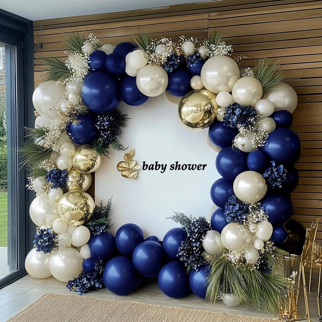Navy Blue Balloon Garland Double Stuffed Pearl White Royal Blue Balloons Dark Navy Gold Balloon Arch Kit for Birthday Baby Shower Graduation Bridal Wedding New Year's Party Decor