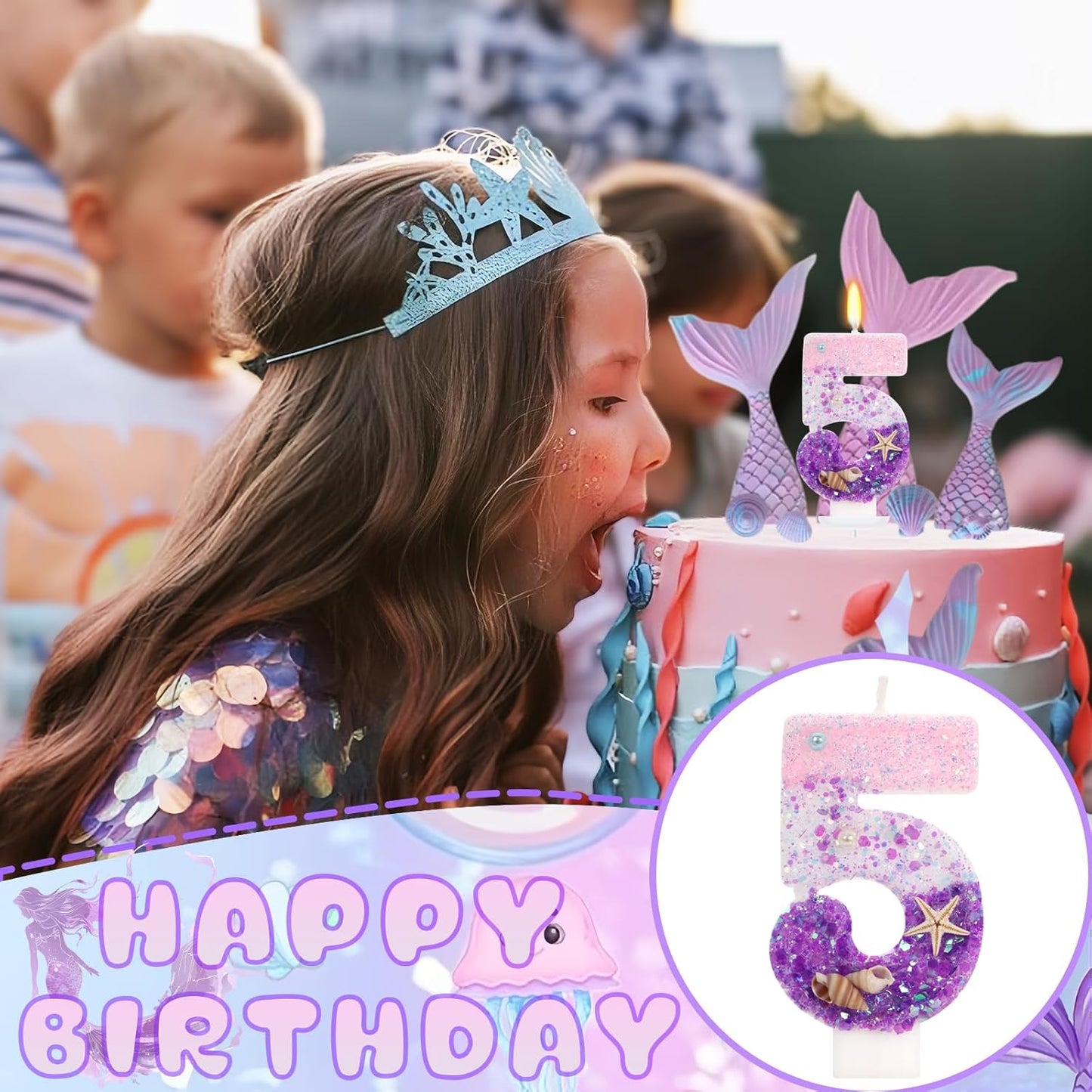 Pink and Purple Number 5 Birthday Candle, 2.76 inch Cake Topper with Conchs Starfish for Mermaid Theme Birthday Party Decoraions (Number 5)