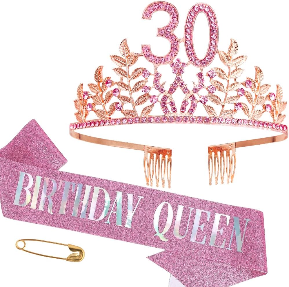 Birthday Sash Tiara Birthday Tiara Rhinestone Crown Rose Gold Birthday Queen Tiara Sash and Tiara for Women Birthday Decor Princess Tiara Cake Topper Crystals Hair Accessories for Party