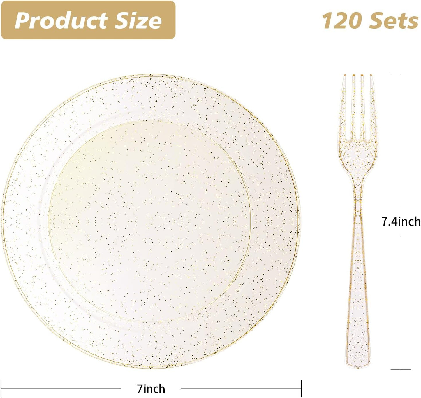 Goodluck 240PCS 7" Gold Glitter Dessert Plastic Plates with 7.4" Forks, Gold Appetizer Plates for 120 Guests, Including 120 Disposable Cake Plastic Plates and 120 Forks for Wedding/Birthday Party