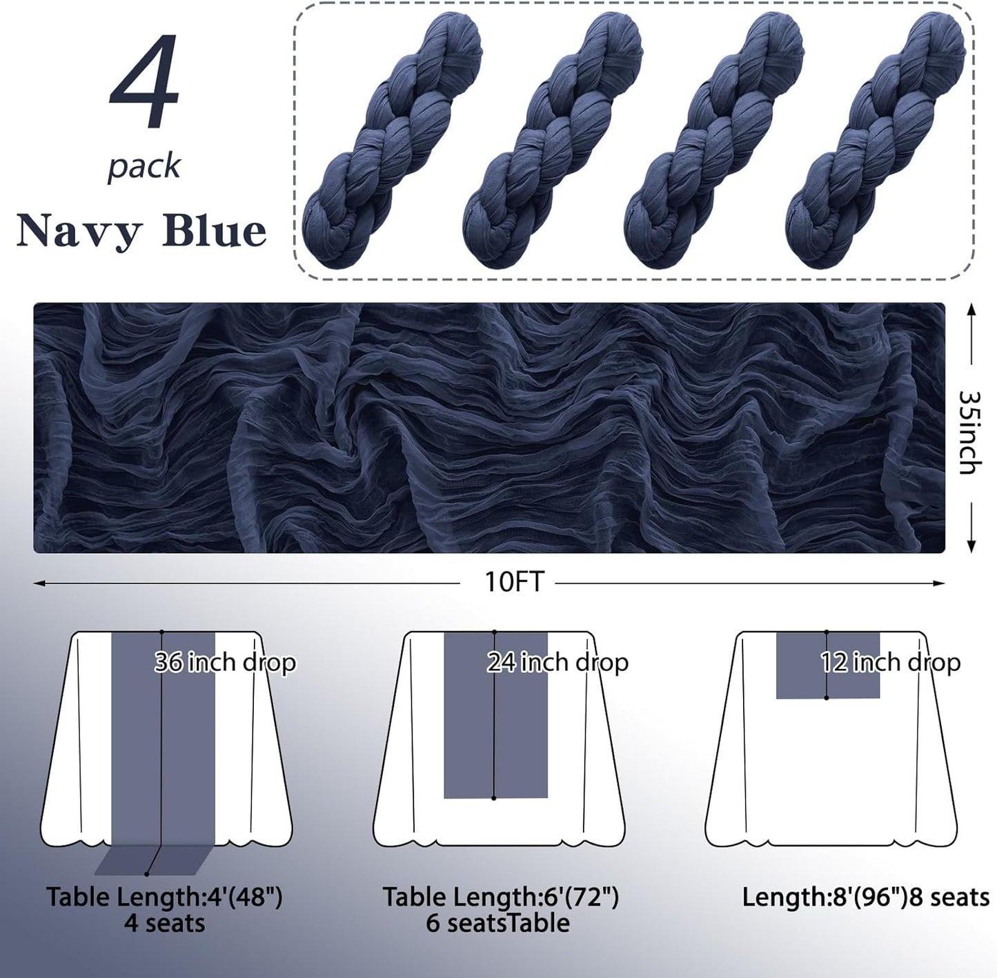 4Pack Navy Blue Table Runner 10FT Cheesecloth Table Runner 35x120Inch Long Boho Cheese Cloth Table Runners Rustic Gauze Table Runners for Party Wedding Bridal Shower Baby Shower Decorations