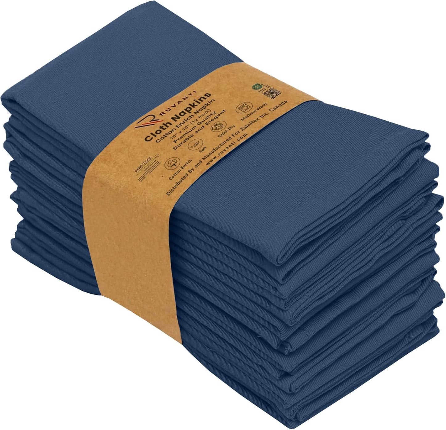 Ruvanti Cloth Napkins Set of 12, 18x18 Inches Napkins Cloth Washable, Soft, Durable, Absorbent, Cotton Blend. Table Dinner Napkins Cloth for Hotel, Lunch, Restaurant, Weddings, Parties -Ocean Blue