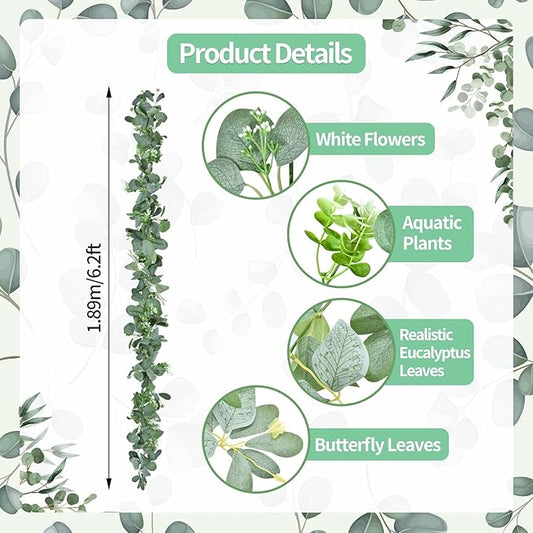 2 Pack Artificial Eucalyptus Garlands – 6ft Greenery Vines with Faux Eucalyptus Leaves, Butterfly Leaves, and White Flowers for Wedding Arch, Fireplace Mantel, Table, Doorway Decorations