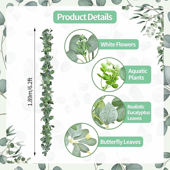 6.2ft Artificial Eucalyptus Garland with Butterfly Leaves and White Flowers – Full Faux Greenery Vine for Wedding Arch, Fireplace Mantel, Table Centerpiece, Party and Home Decor