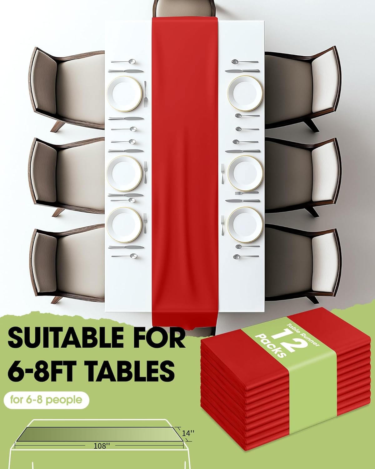 Pureegg Red Plastic Table Runners - 12 Pack, 14'' x 108'', Water Resistant & Disposable Centerpiece Decorations for Table Cloth, Wedding, Birthday, Holiday, Baby Shower, Party, Home Decor