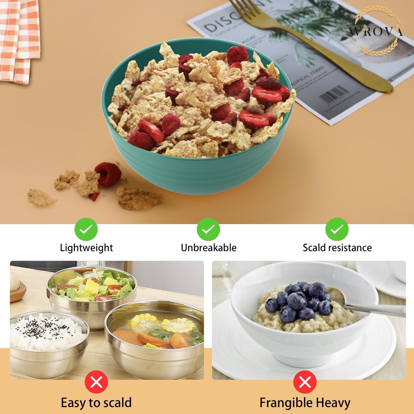 Wrova Wheat Straw Bowl Sets,8 PCS Unbreakable Cereal Bowls 26 OZ,Microwave and Dishwasher Safe Bowls,Kids Bowl suitable for cereal,salad,snack and soup (Green)