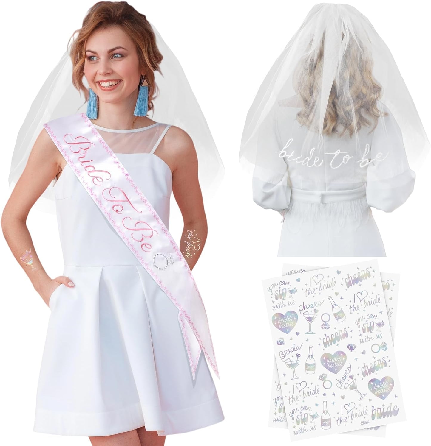Luxury Bride to Be Sash Set – Embroidered Sash with Colored Trim, Embroidered Veil & Temporary Tattoos – Bridal Shower Hen Night Bachelorette Party Accessories