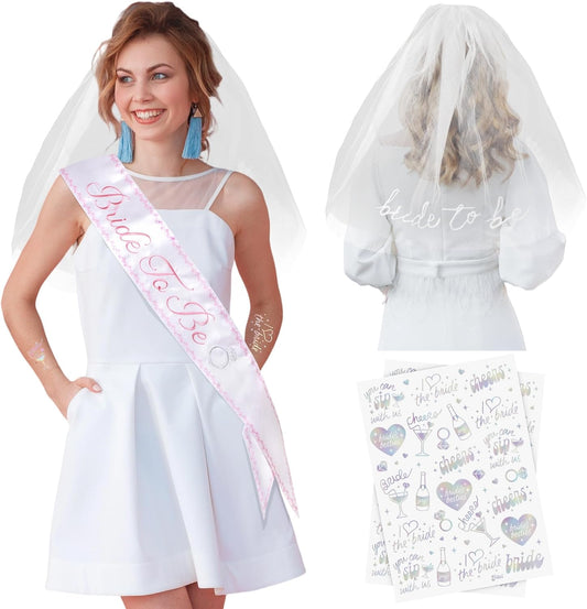 Luxury Bride to Be Sash Set – Embroidered Sash with Colored Trim, Embroidered Veil & Temporary Tattoos – Bridal Shower Hen Night Bachelorette Party Accessories