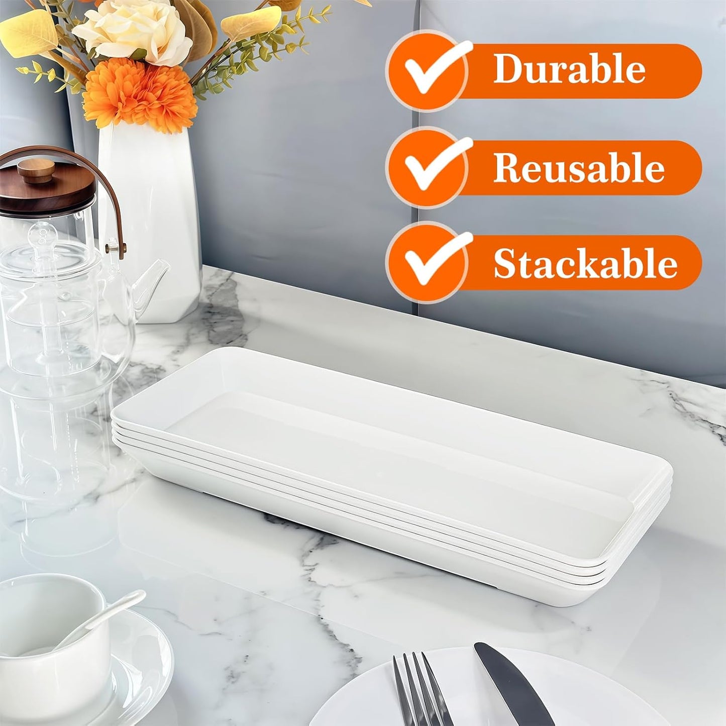 Serving Tray Platter Rectangle, 4 Pcs Long Narrow Food Tray for Veggie Fruit Snack Dessert, Plastic White Food Trays for Party Supplies Display, Rectangular Platters for Serving Food, BPA Free