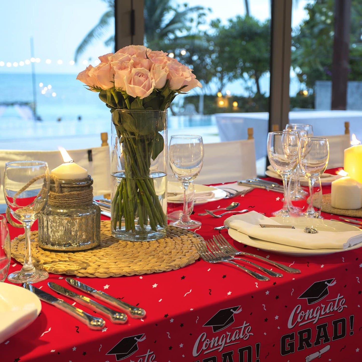 Graduation Party Decorations, Gongrats Grad Tablecover for Graduation Party Supplies, 3 pcs Class Red Table Cloths, 54"x108"