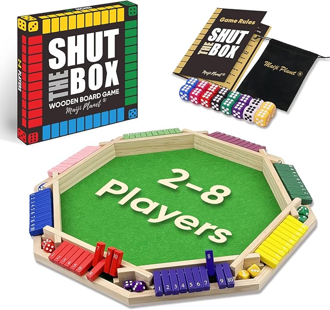 Maiji Planet Deluxe 2-8 Player Original Shut The Box Game, Math Dice Board Game for Family Night Classroom Travel, Wooden Classic Table for Group Kid Adult Senior Travel Party Bar Easy Quick and Fun