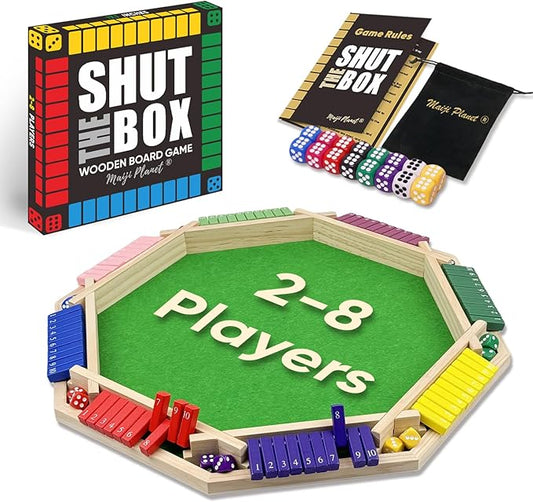 Maiji Planet Deluxe 2-8 Player Original Shut The Box Game, Math Dice Board Game for Family Night Classroom Travel, Wooden Classic Table for Group Kid Adult Senior Travel Party Bar Easy Quick and Fun