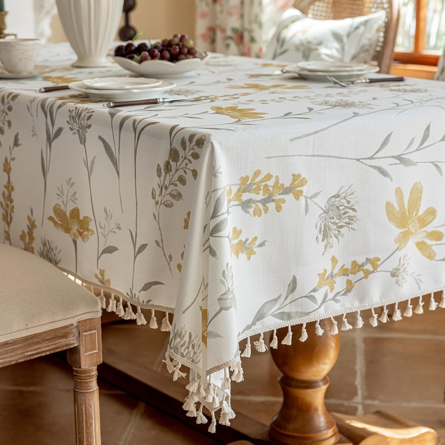 ENJOYBRIDAL Yellow Floral Tablecloth - 60 x 120 Inch - Boho Rectangular Table Cloth Dining Cute Camping Washable Table Cover 10-12 Seats Vintage Picnic Decorative Rustic Furniture Protector
