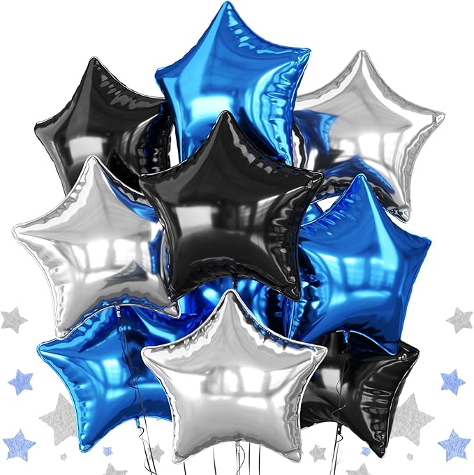 Blue Black Silver Star Foil Balloons, 10PCS Foil Stars Shape Balloon, 18 Inch Metallic Star Pentagram Balloons Helium for Boys Men, Graduation, Baby Shower, Wedding, Space Birthday Party Decoration