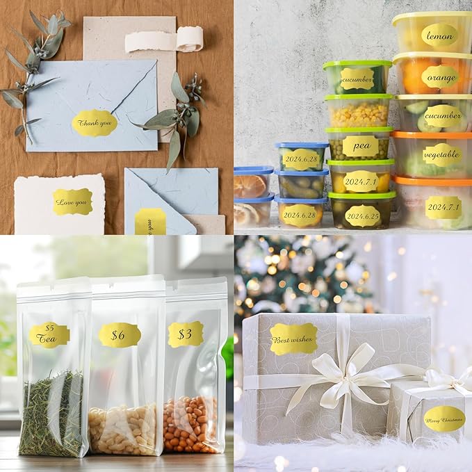 Yeachlaing 350 PCS Fancy Shape Stickers, 2" x 1.2" Gold Labels for Home, Office, Kitchen, Gifts, Jars, Food Craft