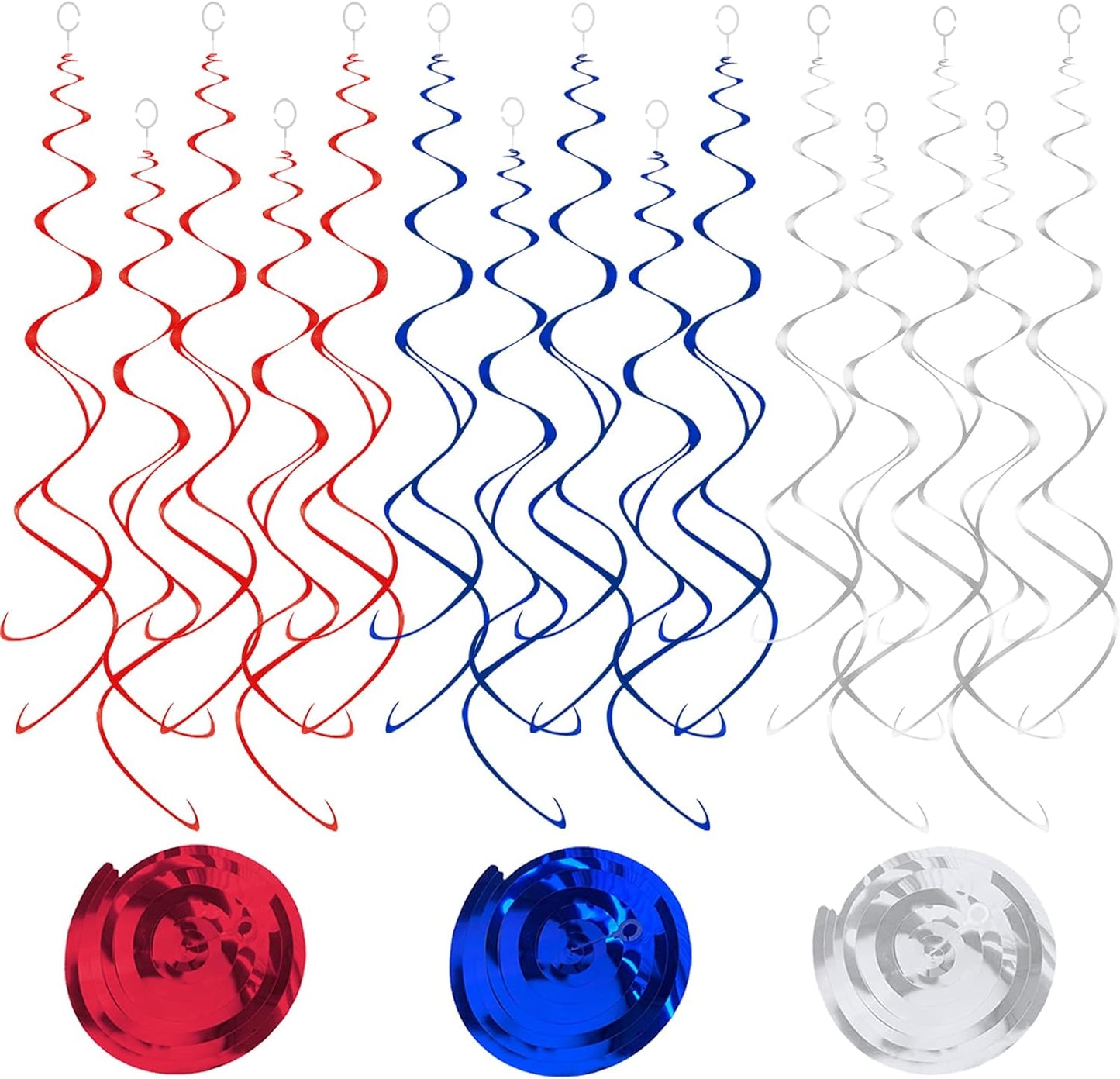 30 pcs Hanging Swirl Decorations Plastic Streamer Ceiling Swirls Party Decorations for 4th of July, Patriot Day, Veterans Day (Blue Red Sliver)