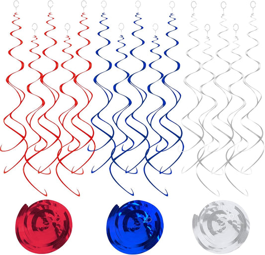 30 pcs Hanging Swirl Decorations Plastic Streamer Ceiling Swirls Party Decorations for 4th of July, Patriot Day, Veterans Day (Blue Red Sliver)