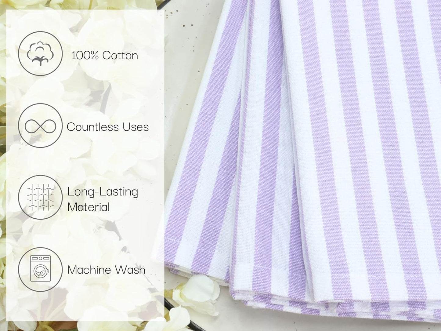 PurpleEssences Plain Striped Cloth Napkins - Set of 12-100% Cotton - 18 x 18 Inch - Fall Thanksgiving - Perfect Everyday Use Dinner Napkin - Lavender White