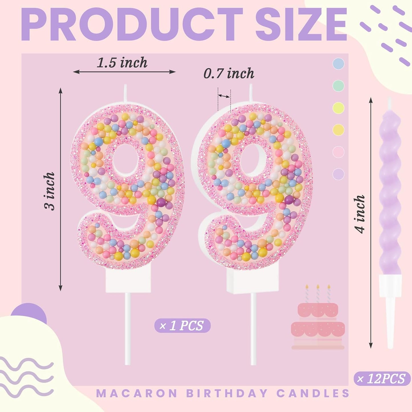 MTLEE Number 9 Birthday Candle with 12 Pcs Spiral Candles for Girls Macaron Pastel Rainbow Unicorn Pink Cake Topper for Sweet Theme Party Decoration