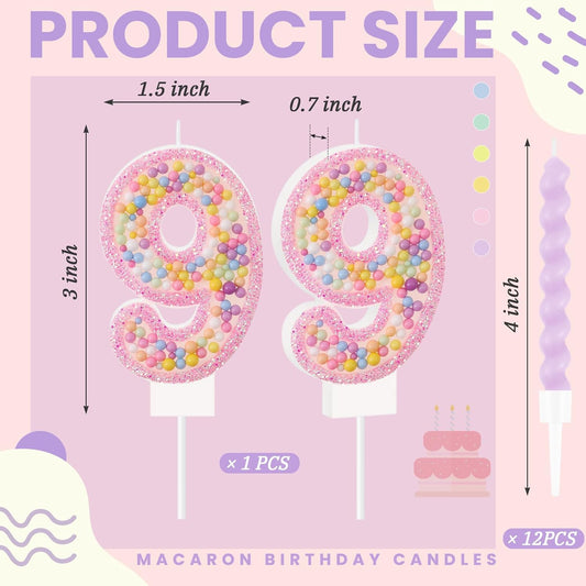 MTLEE Number 9 Birthday Candle with 12 Pcs Spiral Candles for Girls Macaron Pastel Rainbow Unicorn Pink Cake Topper for Sweet Theme Party Decoration