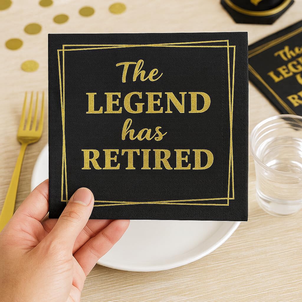 100‑Pack ‘The Legend Has Retired’ Black & Gold Napkins – 2‑Ply Cocktail, Lunch & Dinner Party Napkins – Elegant, Disposable Retirement Party Decoration – 6.5″ x 6.5″ Folded (Large, 100, Count)