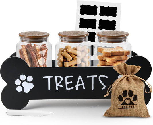 Dog Treat Container - Includes 3 Treat Jars, 1 Treat Bag, Wooden Pet Treat Holder, storage Basket, Dog Treat Station, with Reusable Sticker & Marker - Bone Shape