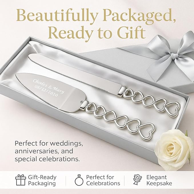 GIFTS INFINITY Personalized Wedding Cake Knife and Server Set with Engraving – Cake Cutting Utensil Set, Keepsake Gift for Wedding, Anniversary, Reception, Birthday & Other Occasions (HT-101)