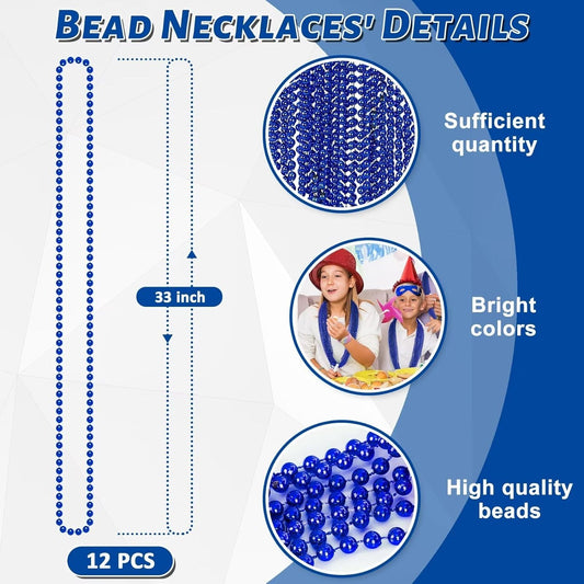 12PCS Christmas Bead Necklace, Blue Bead Necklace Stuff Accessories, 33" Mardi Gras Beads Costume, Festival Events Parade Throw Accessory Sets for Xmas Mardi Gras Gender Reveal Party Supplies