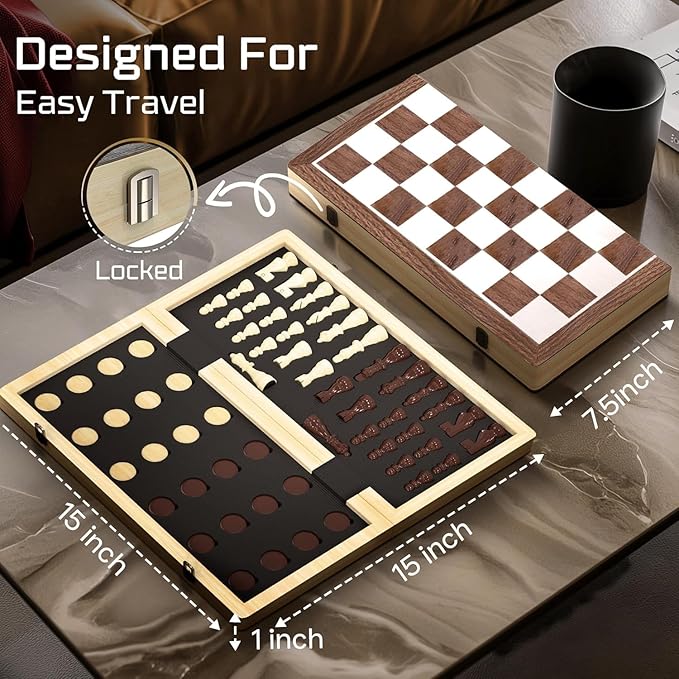 Wooden Magnetic Chess Set & Checkers Board Game, 15” Foldable Chess Board | Solid Wood 2-in-1 Board Game for Adults with Storage Box, 2 Extra Queens, Portable Travel Chess Set for Kids & Beginners