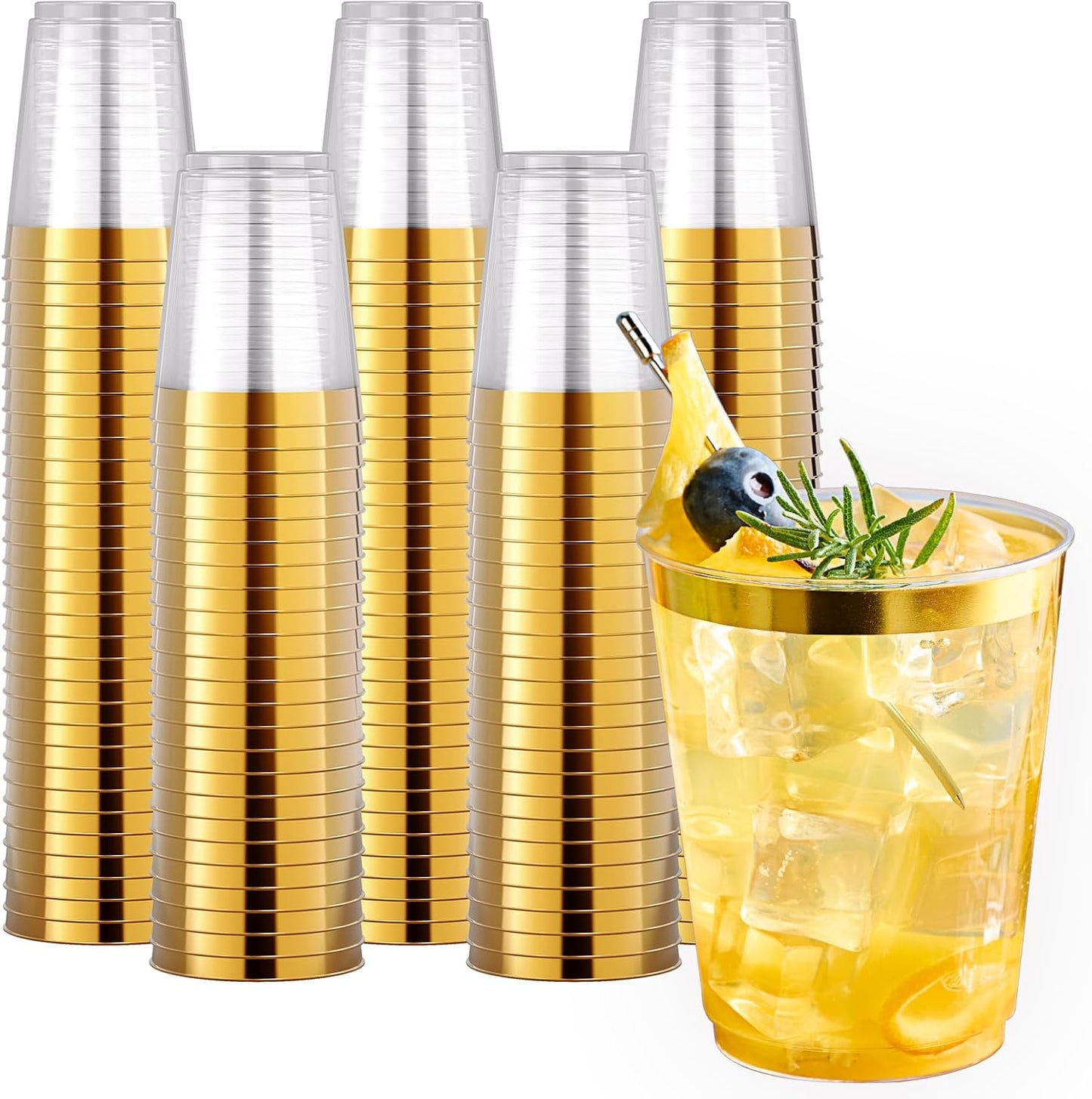 JOLLY CHEF 200 Pack 10 oz Gold Plastic Cups Elegant Gold Rimmed Disposable Cups Heavy-Duty Party Cups for Wedding, Thanksgiving, Christmas Parties