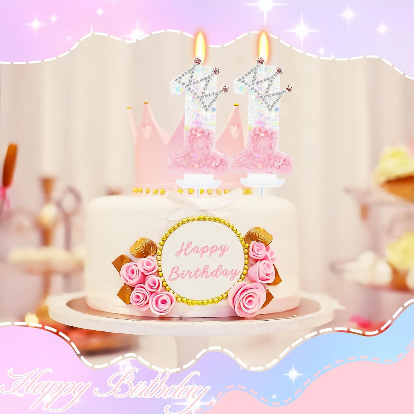 Pink White Number 11 Candle, Glitter Crown Cake Topper, Princess Birthday Party Decorations for Girls and Women Anniversary Celebrations Party Favors