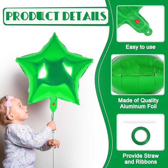 20 Pcs Star Balloons,18 Inch Green Star Foil Balloons,Stars Shaped Balloon Mylar Helium Balloon for Birthday Party Anniversary Wedding Baby Shower Decorations (Green)