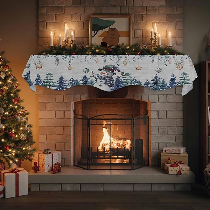 Blue Christmas Fireplace Mantel Scarf Table Runner, Snowman Eucalyptus Leaves Xmas Snowflake Winter Garland Mantel Top Tablerunners Dresser Scarves Cover for Windows Party Living Room 70''x17''