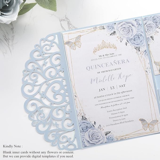Wedding Invitations with Envelopes and RSVP Cards, Light Blue Laser Cut Invitation Pocket Blank Invitations with Envelopes and Stickers, Bridal Shower Card Birthday Party Invites Custom 50 PCS