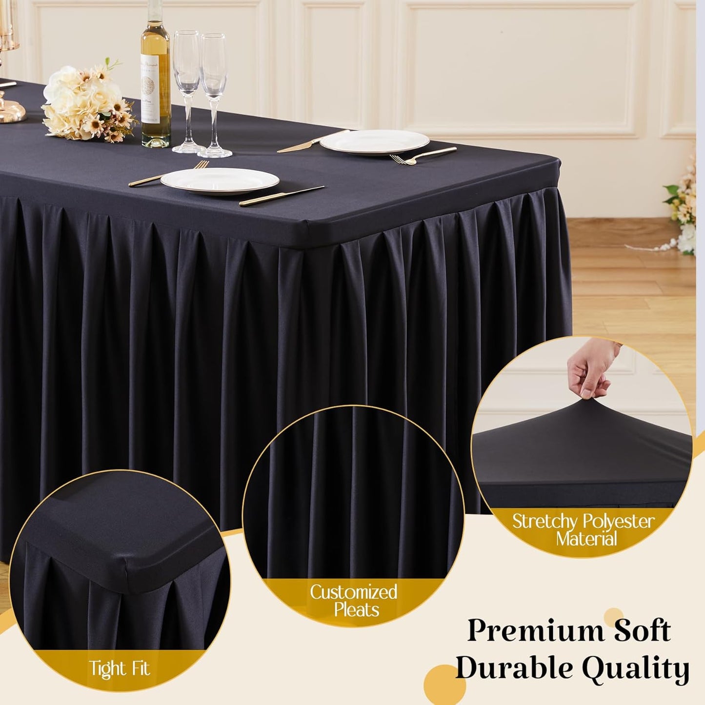 HB HBB MAGIC 6 Pack Black Tablecloths for 6 Foot Rectangle Tables, Elegant Pleated Table Skirt – Wrinkle Free Stretch Fitted Table Cover for Weddings, Banquets, Birthday Parties & Events