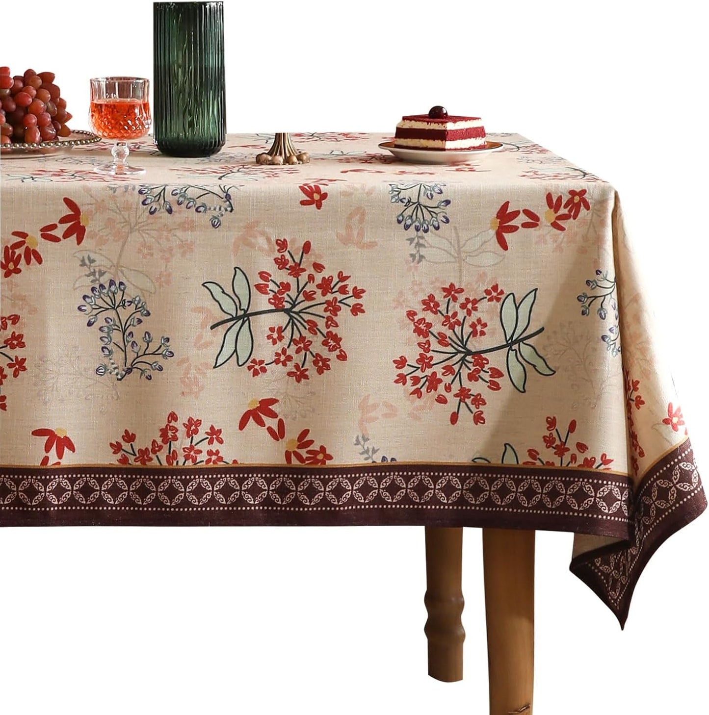 patdrea Designer French Linen Rectangular Table Cloth,Vintage Red Floral Fall Tablecloth,Breathable Dacorative Cover for Kitchen Dining,Tea Party,Christmas,Thanksgiving,Holiday,55"x87"-Newmari