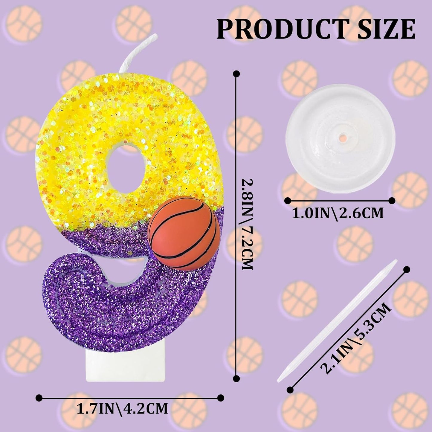 HXOUSE Basketball Number 9 Birthday Candles - Purple Gold Birthday Candles for Cake, 9 Candle for Basketball Theme Cake Topper, Boys Sport Party Decorations Gifts (No.9)