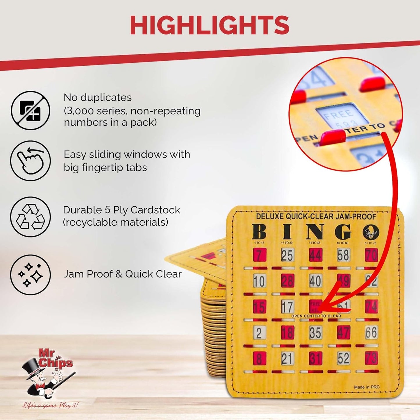 MR CHIPS Jam-Proof Bingo Cards with Sliding Windows, 50 Reusable Shutter Cards, 75 Calling Cards 1 Master Board in Woodgrain Style