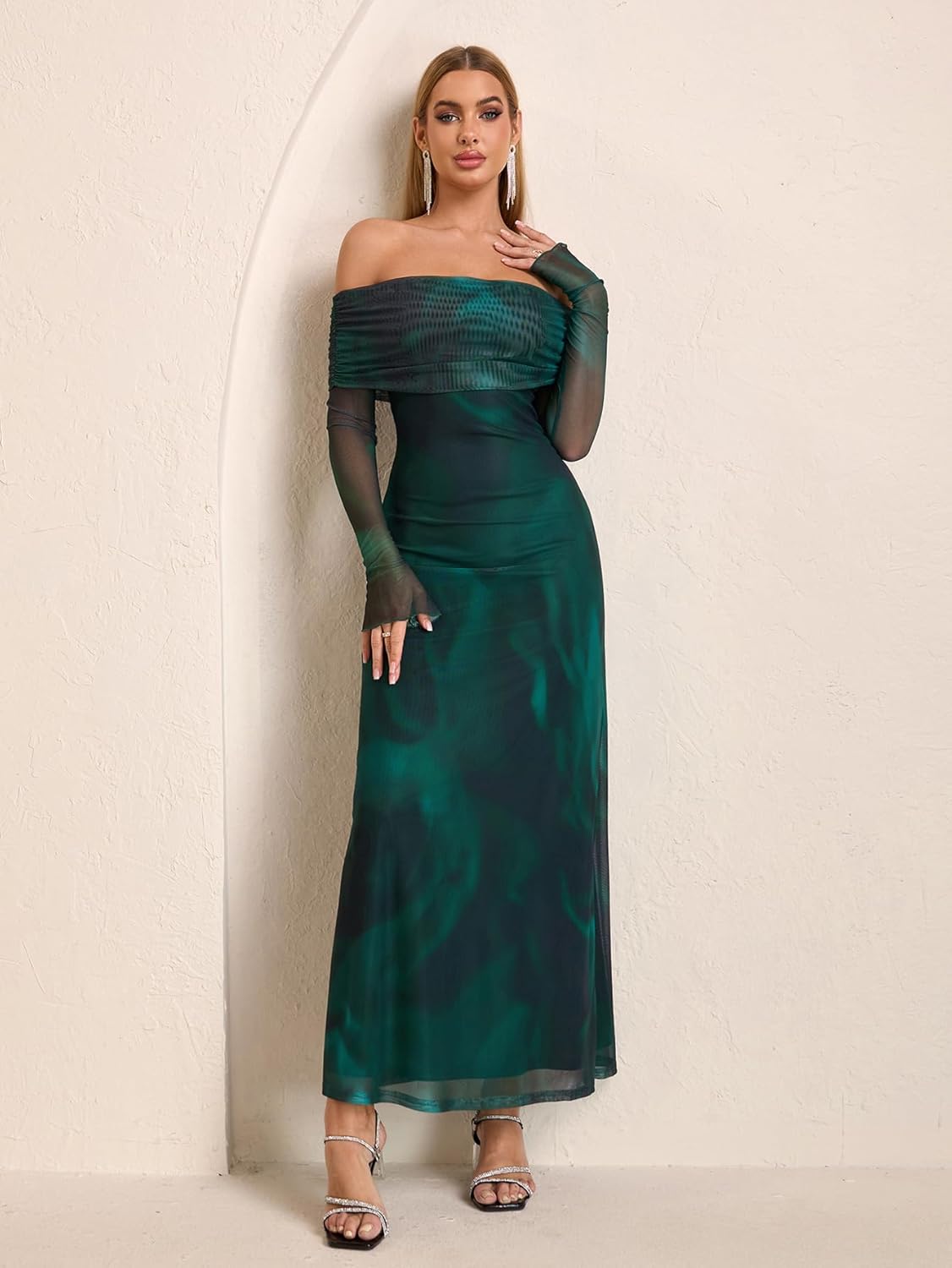 KUTUMAI Women Off Shoulder Bodycon Maxi Dress Long Sleeve Mesh Ruched Party Formal Wedding Guest Dresses