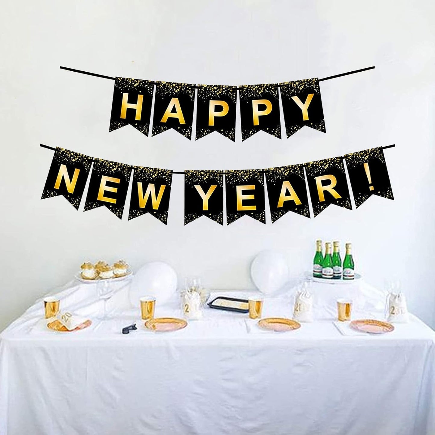 Fecedy Black Gold Happy New Year Banner for New year Party Decorations
