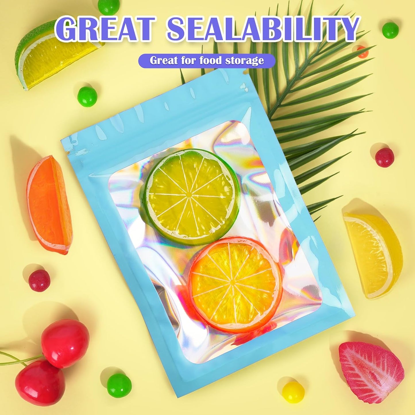 100 Pcs Mylar Bags, Holographic Resealable Bags for Small Business, Foil Pouch, Candy Sample Jewelry Bag Sealable Packaging for Party Favor, Food Storage (4x6in-Blue)