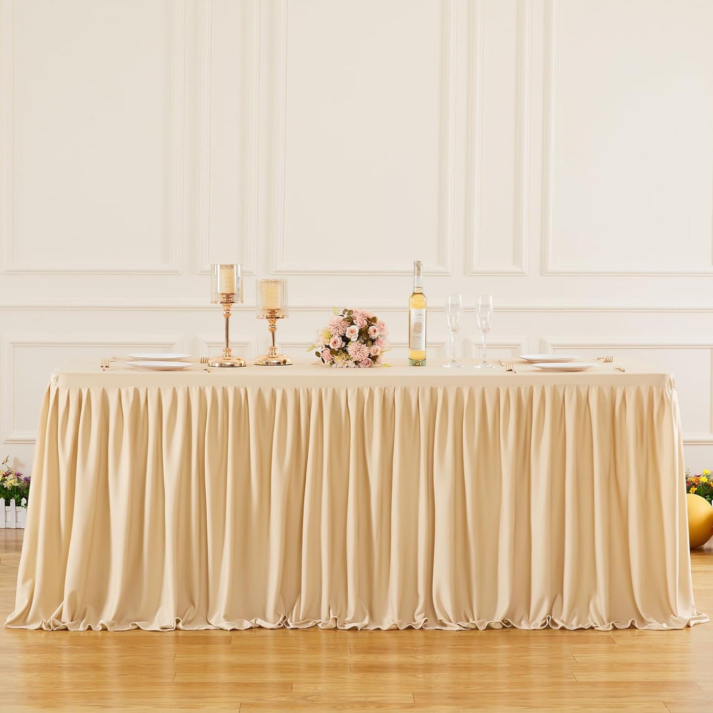 Deep Champagne Polyester Table Clothes for 4 Foot Rectangle Tables, Wrinkle Free Fitted Table Cover with Pleated Ruffle Table Skirt for Birthday Party Wedding Trade Show Event Display