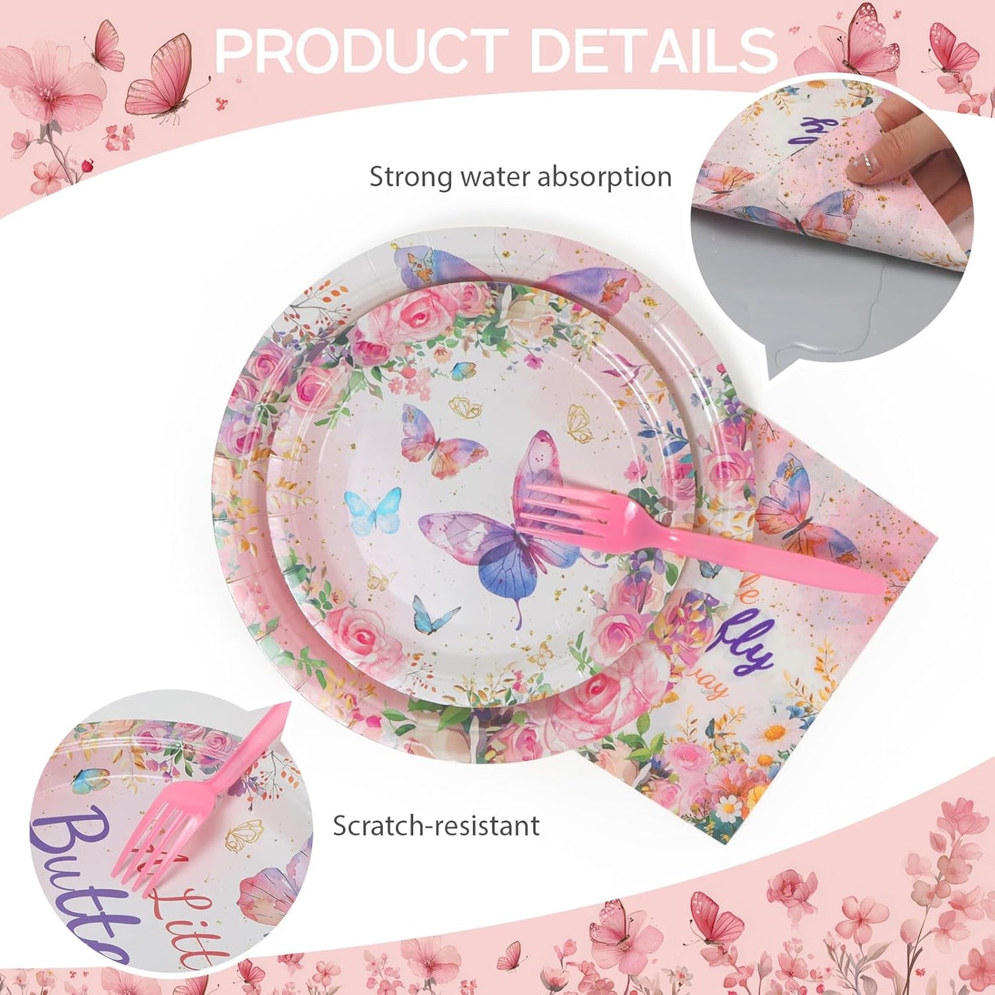 96pcs Butterfly Paper Party Plates, Napkins and Forks Pink and Purple Floar Disposable Tableware Set for 24 Guest Table Supplies for Tea Garden Party Kids Birthday Baby Bridal Shower
