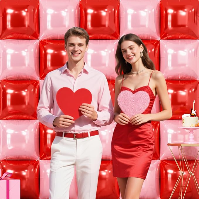 NISOCY 25PCS Red and Pearl Pink Square Foll Balloons Wall Backdrop Double Sided Red Pink Balloon Arch Kit for Birthday Bachelorette Anniversary Engagement Valentine's Day Strawberry Party Decoration