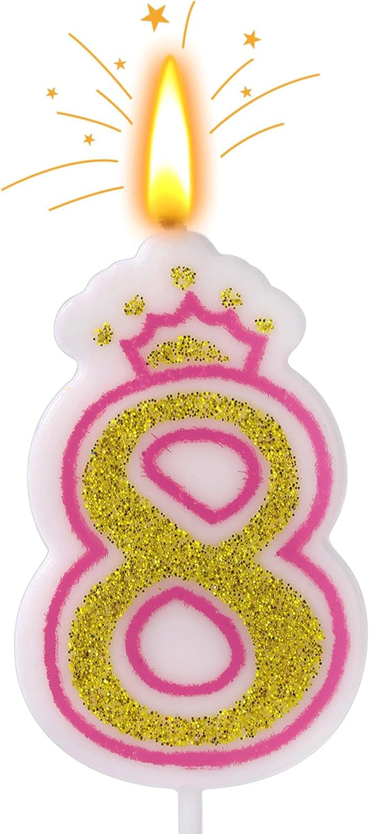 Birthday Number Candles, Number 8 Pink Giltter Candles for Cake, Candle Cake Topper with Sequins for Anniversary Celebrations Supplies (Number 8)