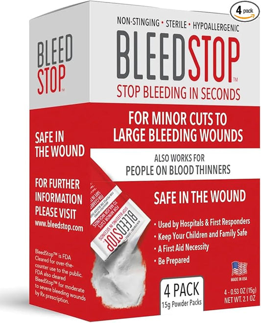 BleedStop™ First Aid Powder for Blood Clotting, Trauma Kit, Blood Thinner Patients, Camping Safety, and Survival Equipment for Moderate to Severe Bleeding Wounds or Nosebleeds - 4 (20g) Pouches