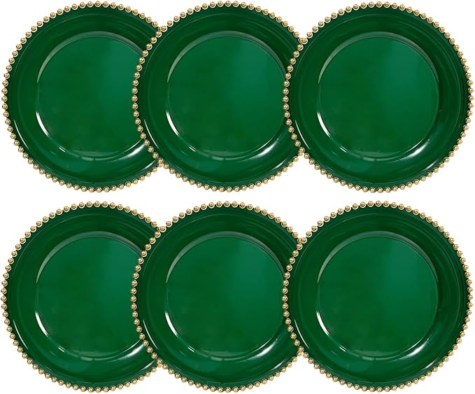 Green Charger Plates, 13 Inch Plastic Beaded Chargers for Dinner Plates, Party, Wedding, Birthday. Table Setting, (Set of 6)